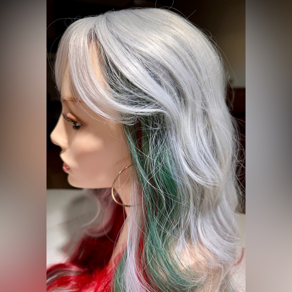 🥳🥳SALE!  HAIR, 28” Holiday Costume, center Part, Bangs, Silver/Gray/Red/Green